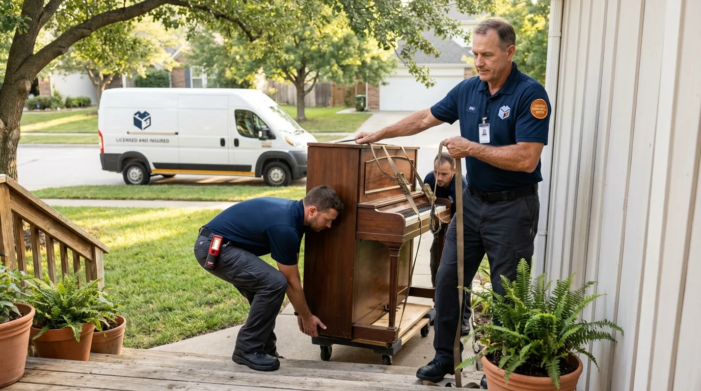 Licensed piano movers securing grand piano in Sayville, NY