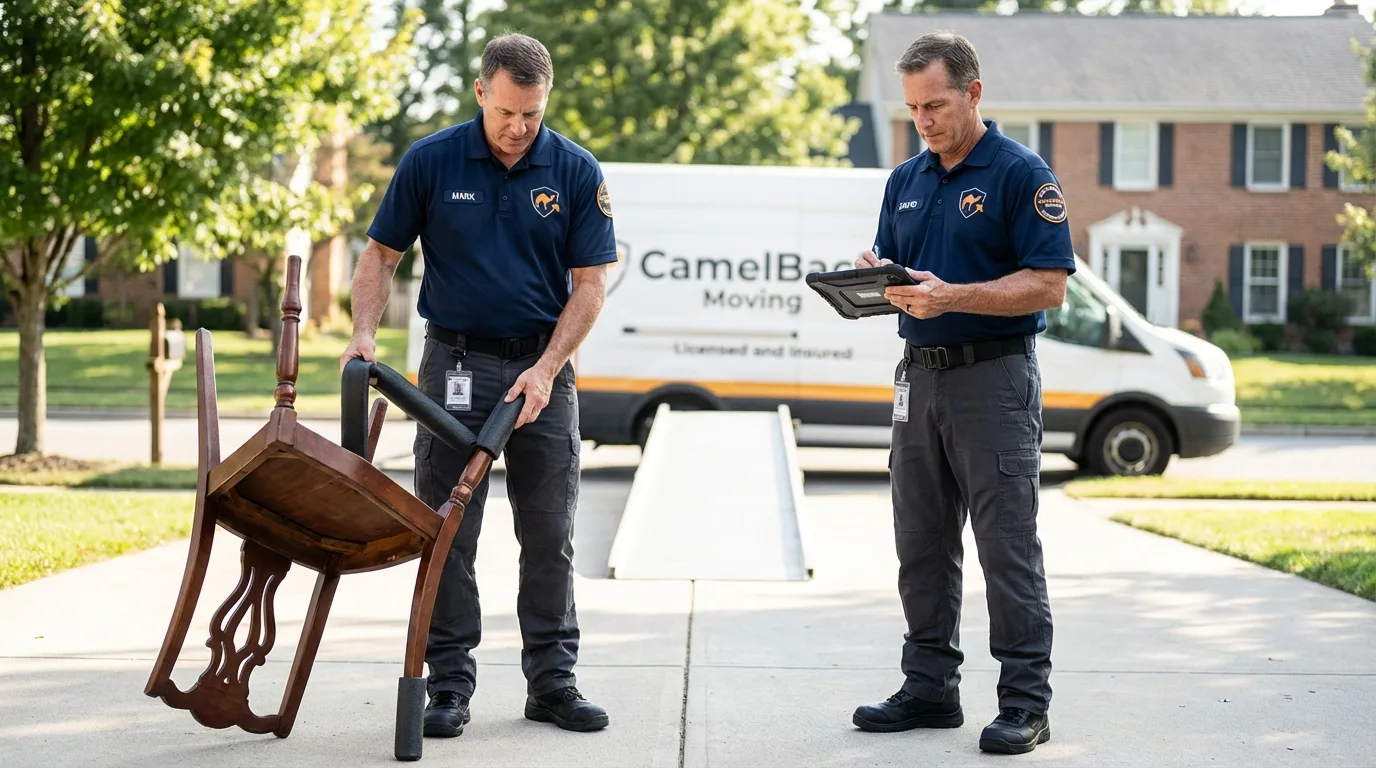 Movers inspecting furniture for damage prevention before loading in Sayville, NY