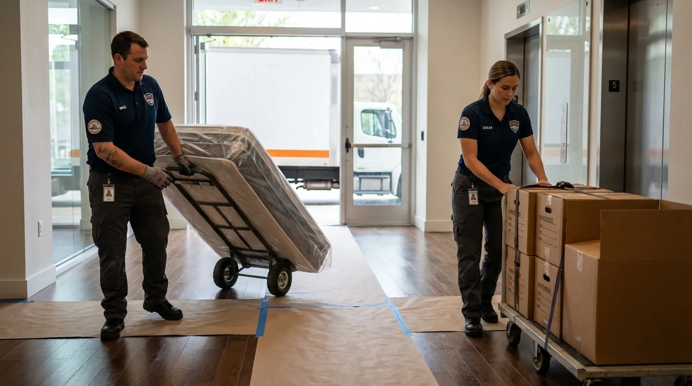 Professional apartment movers loading elevator in Sayville, NY