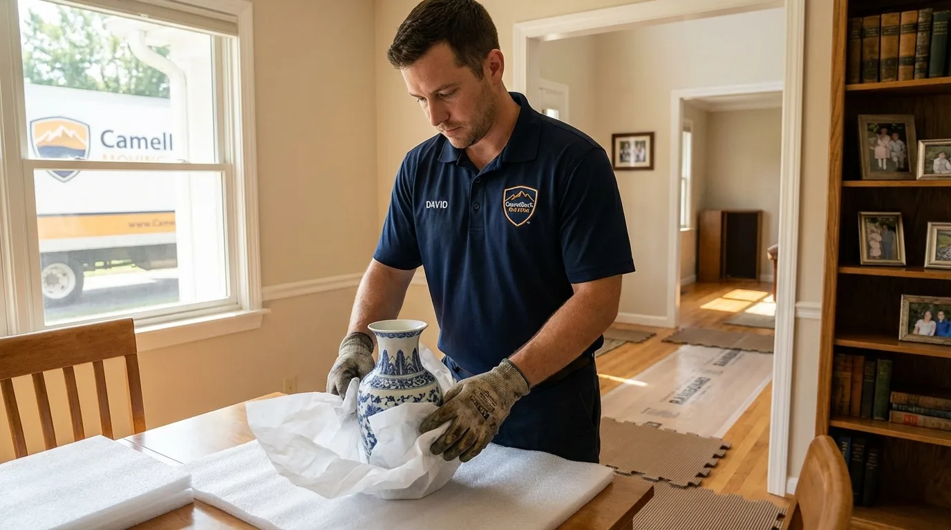 Professional crew carefully wrapping antique vase for senior downsizing move in Sayville, NY